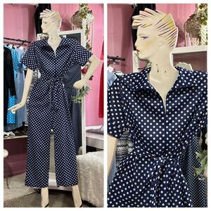 Vintage 70s Jumpsuit Blue White Polka Dot Zipper Front Pockets Belted S/M